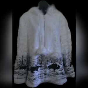White and Black Hooded Faux Fur Coat